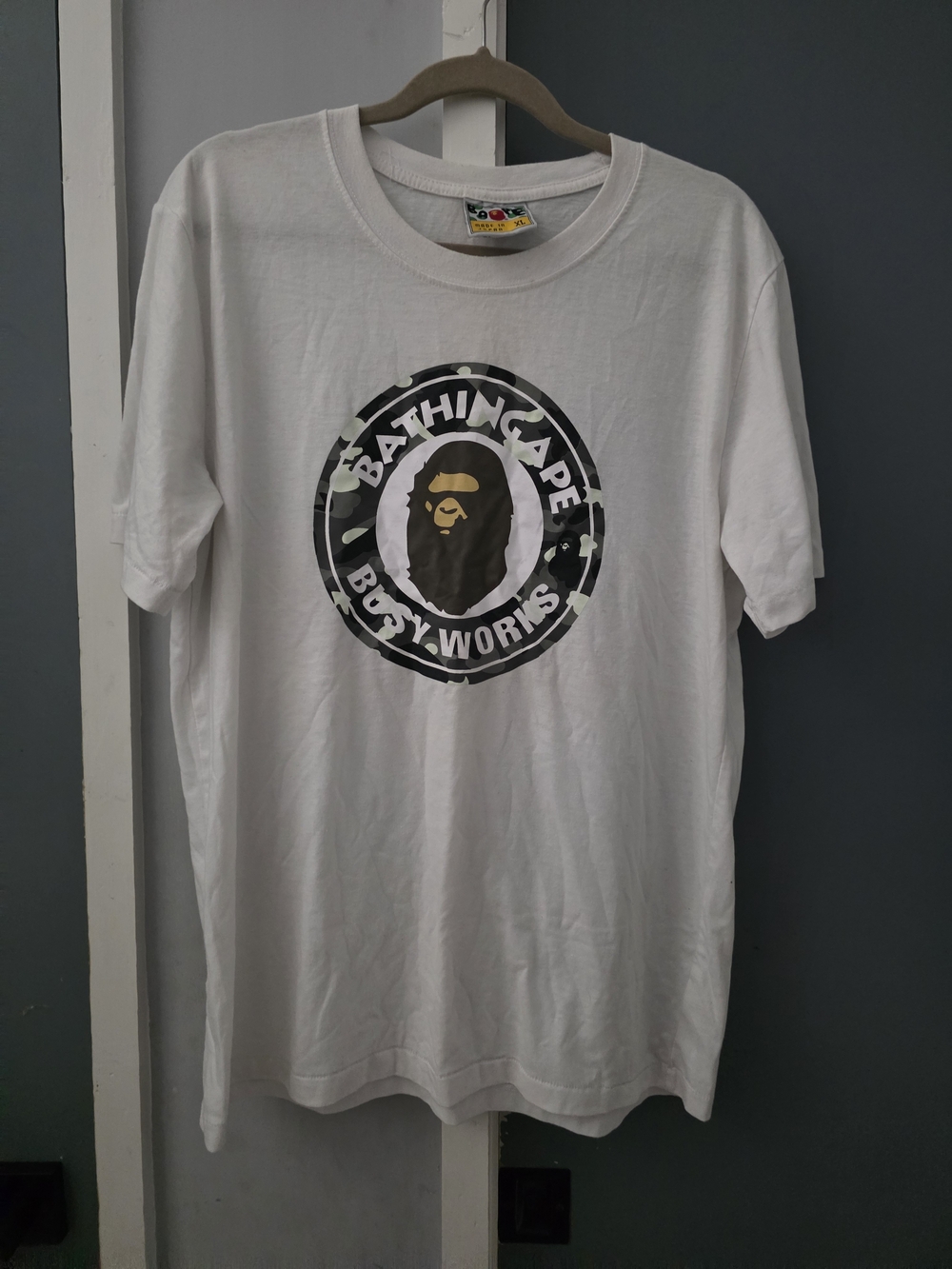 Bape White Tee with Black & Olive Camouflage Logo